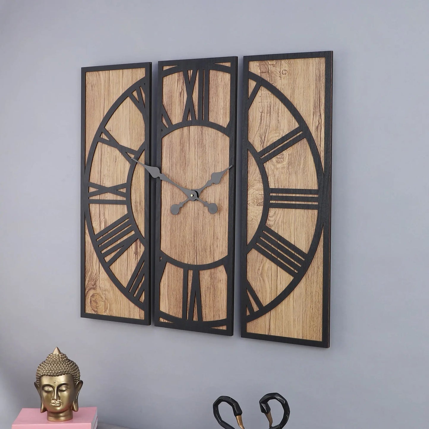 Rustic Wall Clock with Roman Numerals, Large Decorative Wall Art, Unique Home Decor for Living Room, Bedroom, Kitchen, Office / Modern Farmhouse Wall Decor: Three-Piece Wooden Wall Clock with Leather Accents Attractive Sister