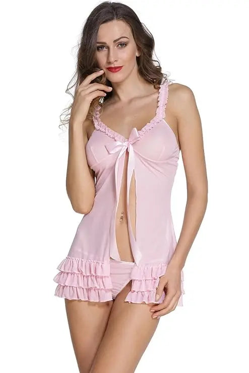 Women's Sexy Lingerie Set - Lace Trimmed Babydoll Sleepwear with Ruffled Hem and Bowknot Front - Available in Pink and White Attractive Sister