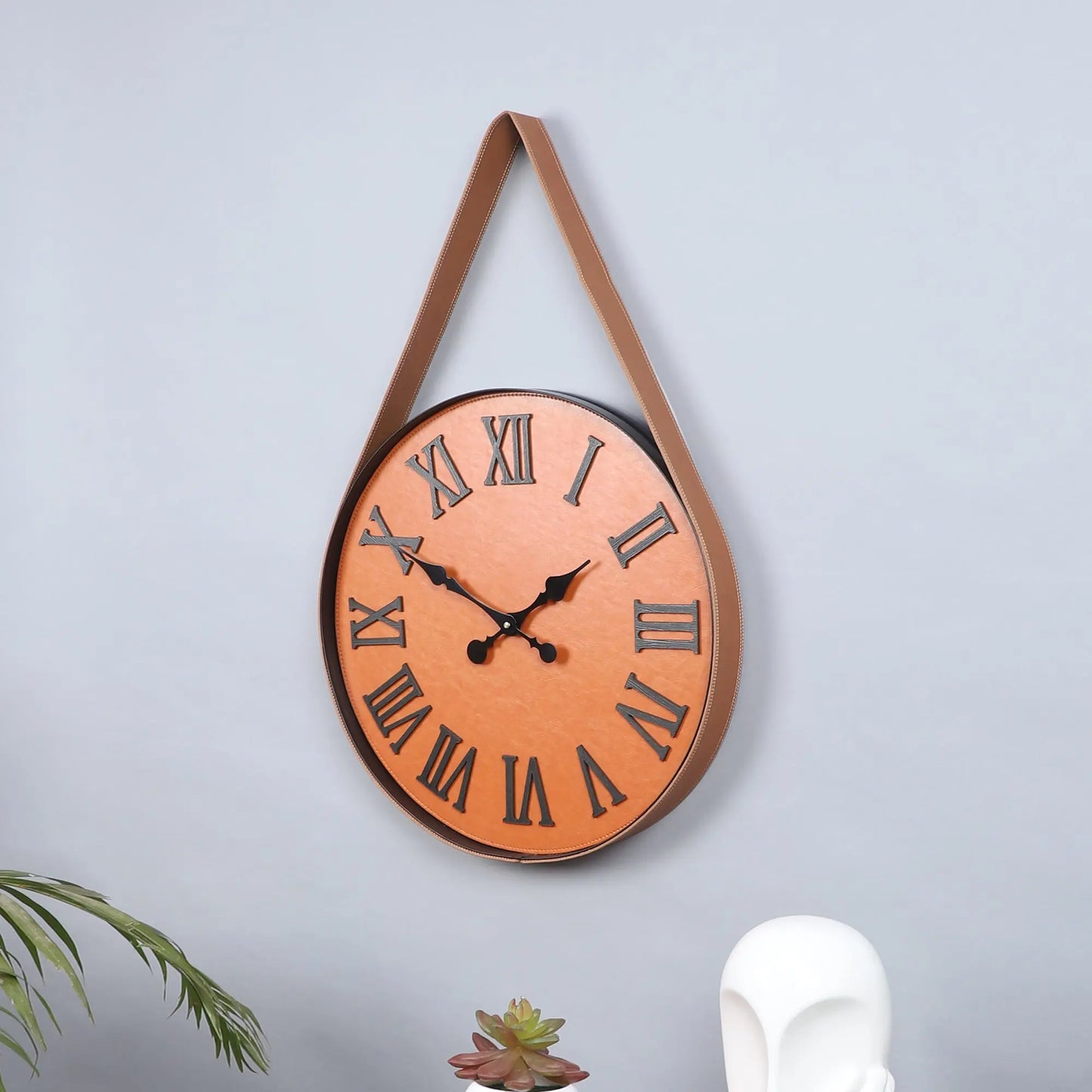 "Modern Classic with Brown Leather Strap Hanging Wall Clock with Roman Numerals" clock's size (60cm/16") Attractive Sister