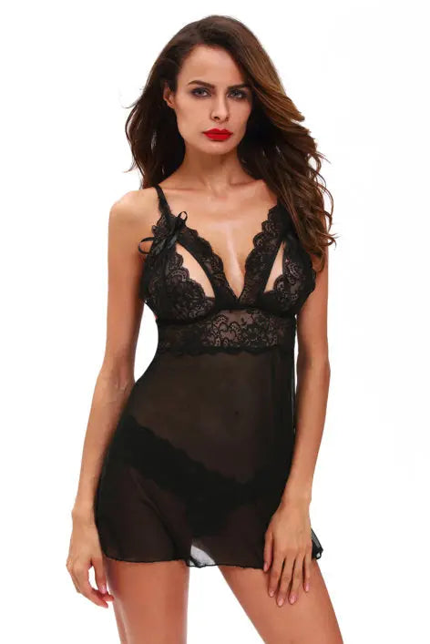 Women's Sexy Net Babydoll Lingerie Set with G-String - Sheer Nightwear in Black, Purple, and Red Attractive Sister