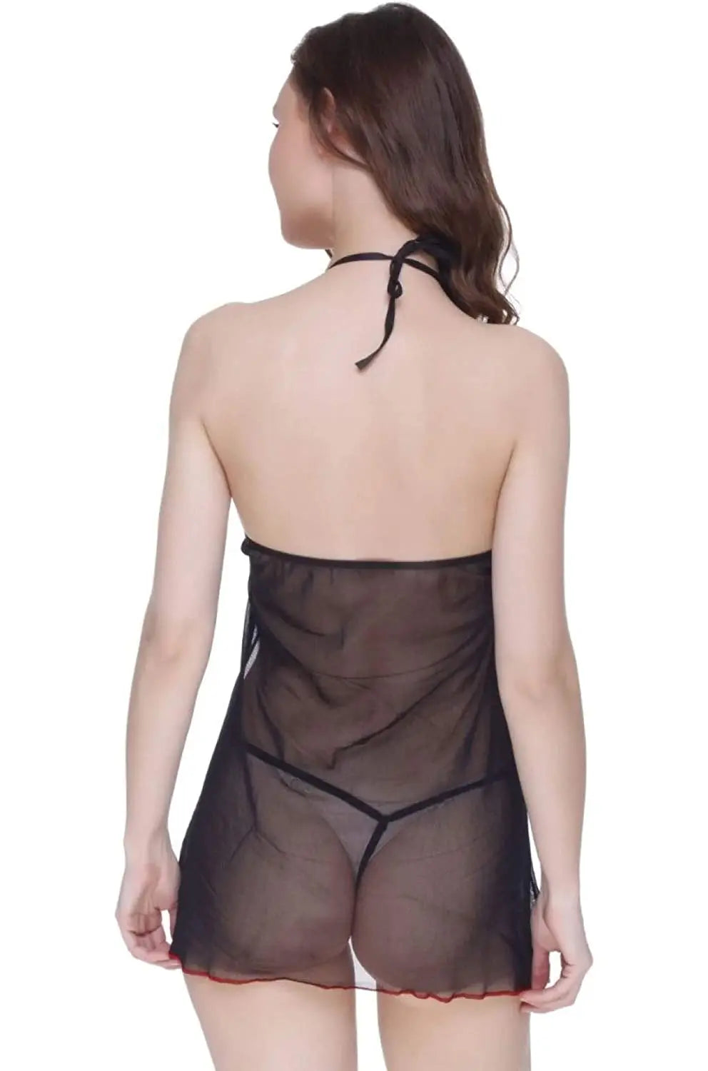 Women's Red and Black Sheer Babydoll Lingerie with Satin Bow – Sexy Nightwear Set Attractive Sister