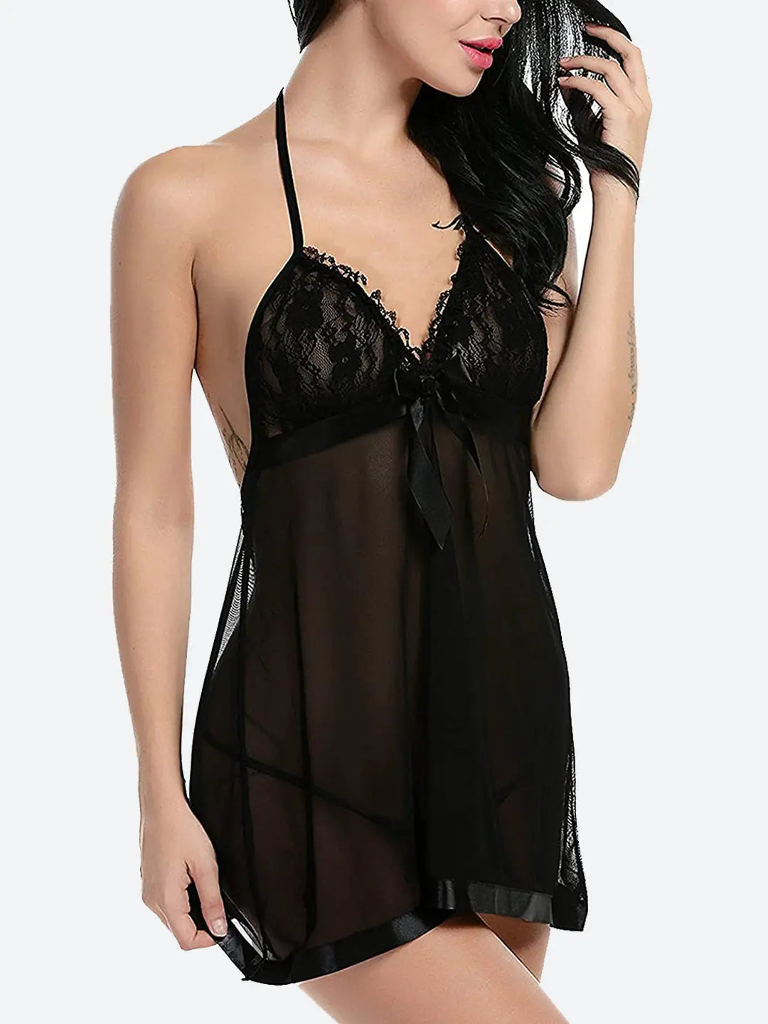 Women's Lace Sheer Babydoll Lingerie with Satin Trim – Halter Neck Sexy Nightwear Attractive Sister