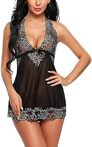 Women's Lingerie Set - Sexy Babydoll Nightwear in Black, Blue and Maroon Colors - Sheer Lace Sleepwear with Adjustable Straps" Attractive Sister