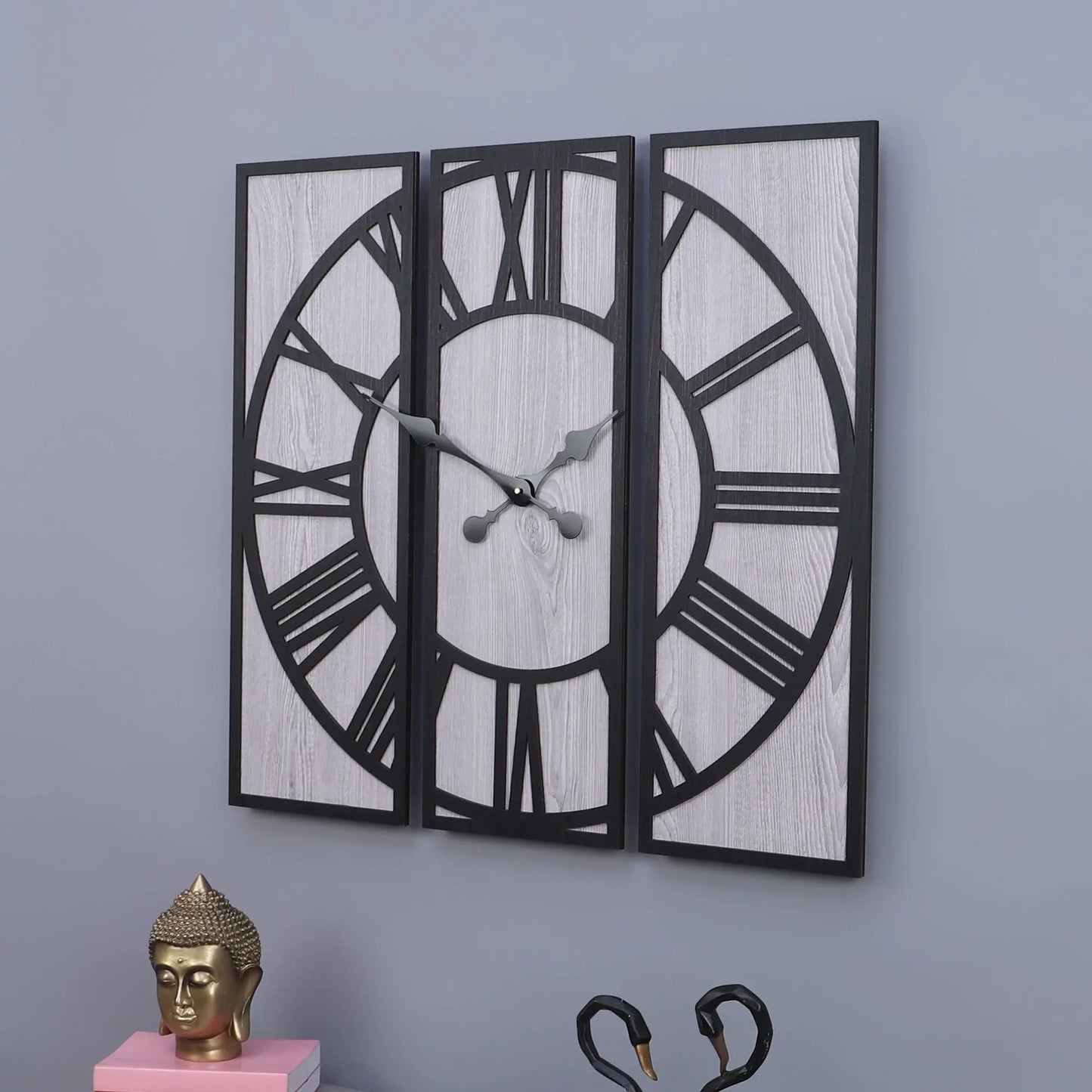Rustic Wall Clock with Roman Numerals, Large Decorative Wall Art, Unique Home Decor for Living Room, Bedroom, Kitchen, Office / Modern Farmhouse Wall Decor: Three-Piece Wooden Wall Clock with Leather Accents Attractive Sister