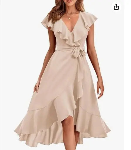 Women's V-neck Short Sleeve Ruffles Long Tie Dress CJ