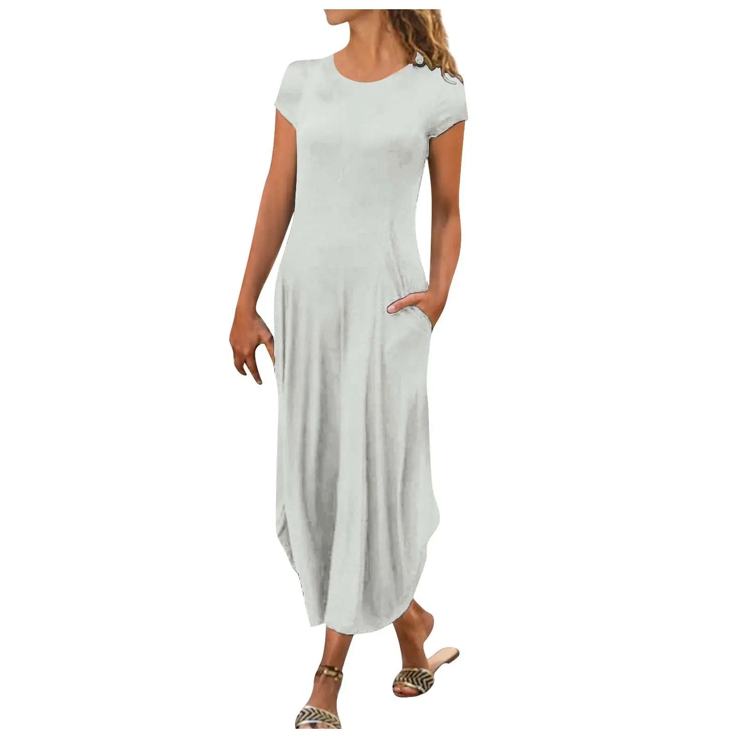 Pullover Short Sleeve Round Neck Mid Waist Solid Color Dress CJ