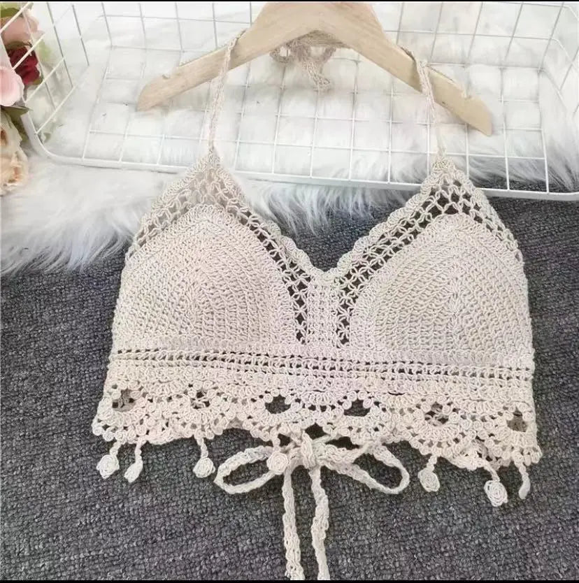 Lace-up Halterneck Exposed Vest Female Openwork Knitted Top CJ