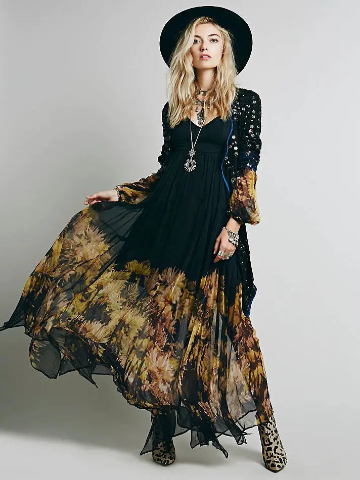 European And American Low V-neck Pleated Chiffon Dress Irregular Hem CJ