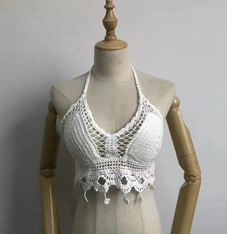 Lace-up Halterneck Exposed Vest Female Openwork Knitted Top CJ