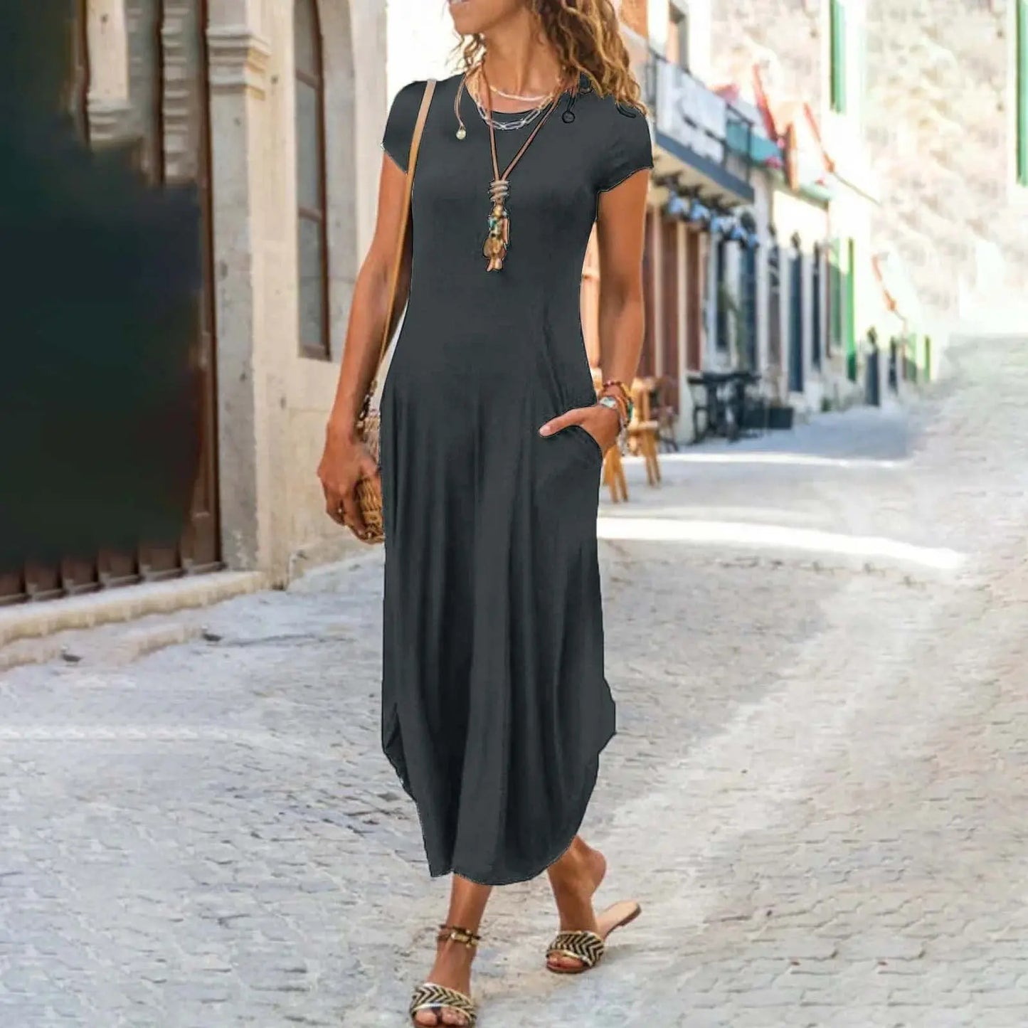 Pullover Short Sleeve Round Neck Mid Waist Solid Color Dress CJ