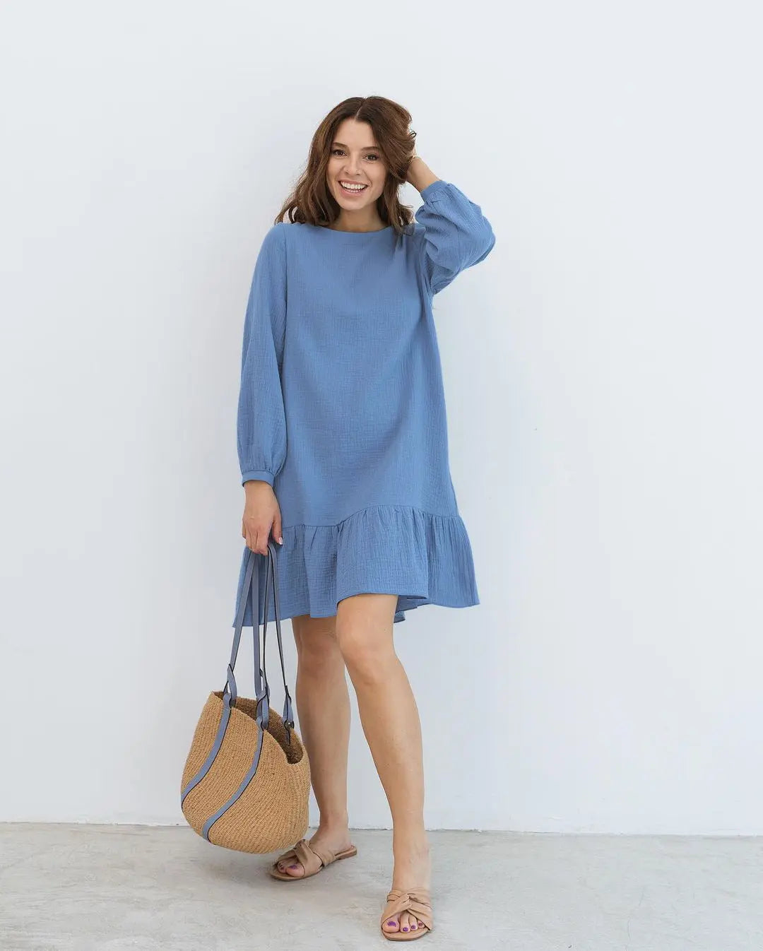 Solid Color Cotton Long-sleeved Nightdress Skirt CJ