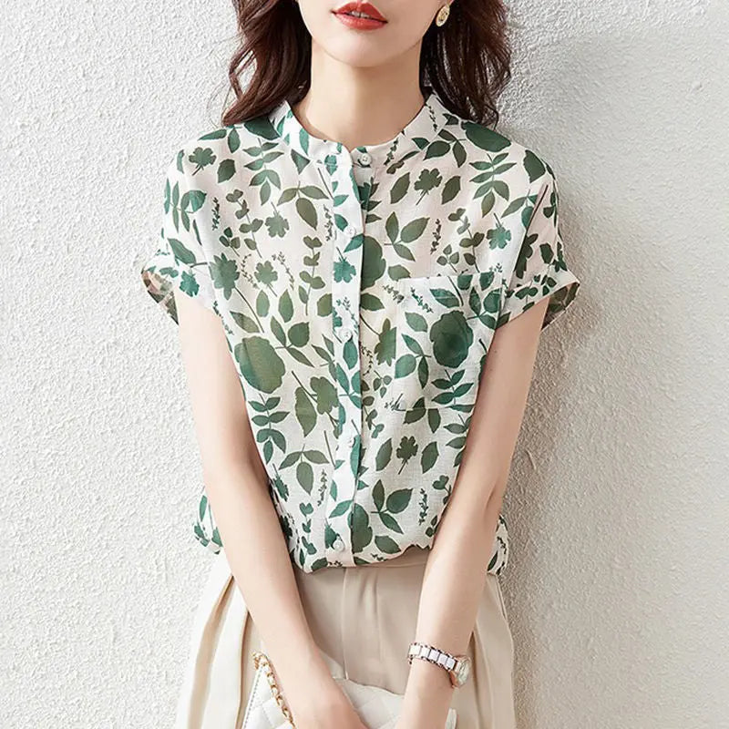 Chiffon Shirt Women's Short-sleeved Floral Top Fashionable Stylish French Printed Shirt Thin CJ