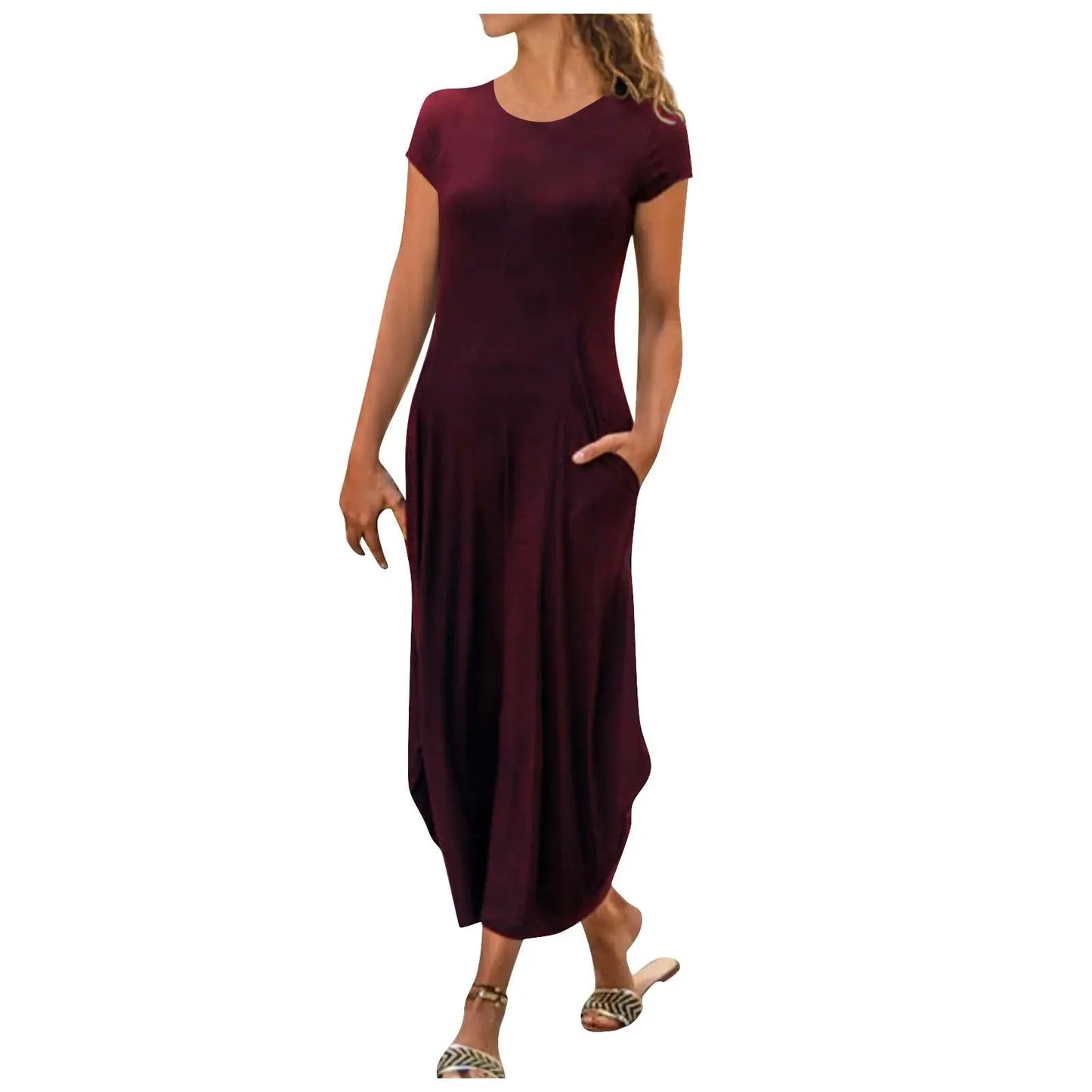 Pullover Short Sleeve Round Neck Mid Waist Solid Color Dress CJ