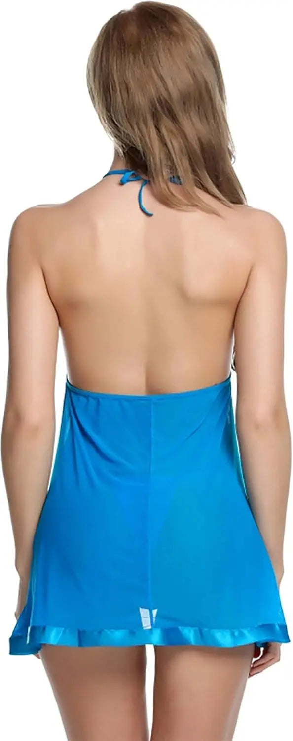 Women's Lace Sheer Babydoll Lingerie with Satin Trim – Halter Neck Sexy Nightwear Attractive Sister