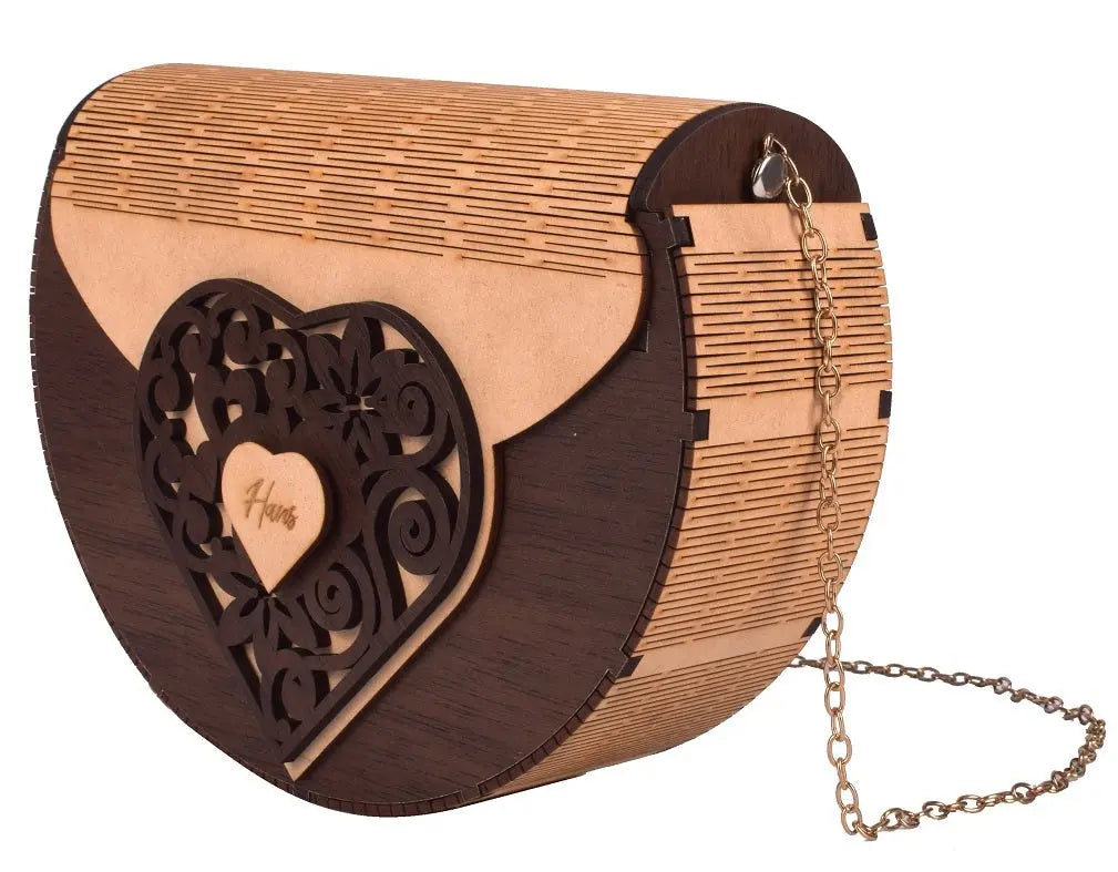Handcrafted Wooden Heart Engraved Handbag with Gold Chain Strap - Stylish Eco-Friendly Crossbody Bag for Perfect Rakhi Festival Gift for sister Attractive Sister