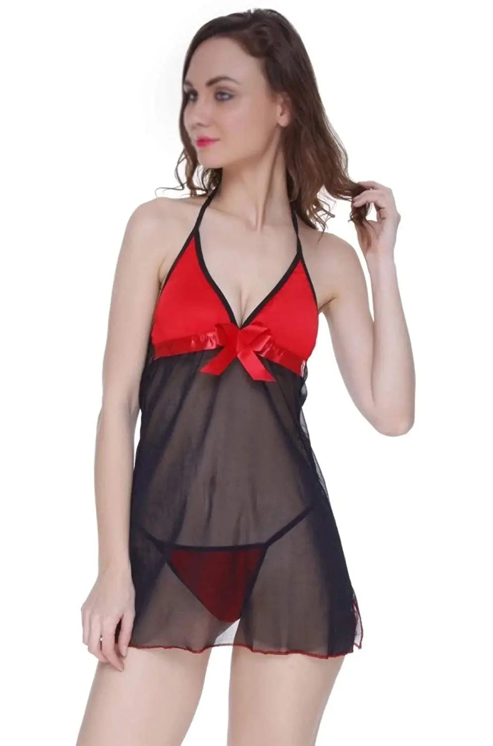 Women's Red and Black Sheer Babydoll Lingerie with Satin Bow – Sexy Nightwear Set Attractive Sister