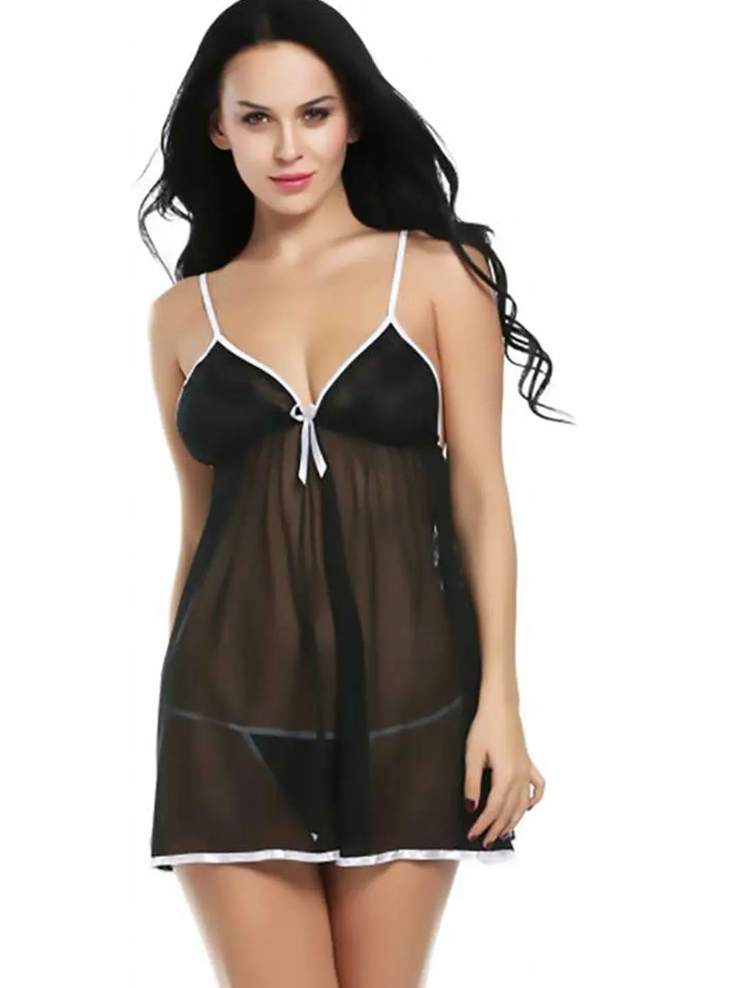 Women's Sexy Black and White Sheer Babydoll Nightwear - Elegant Lingerie with White Trim Accents Attractive Sister