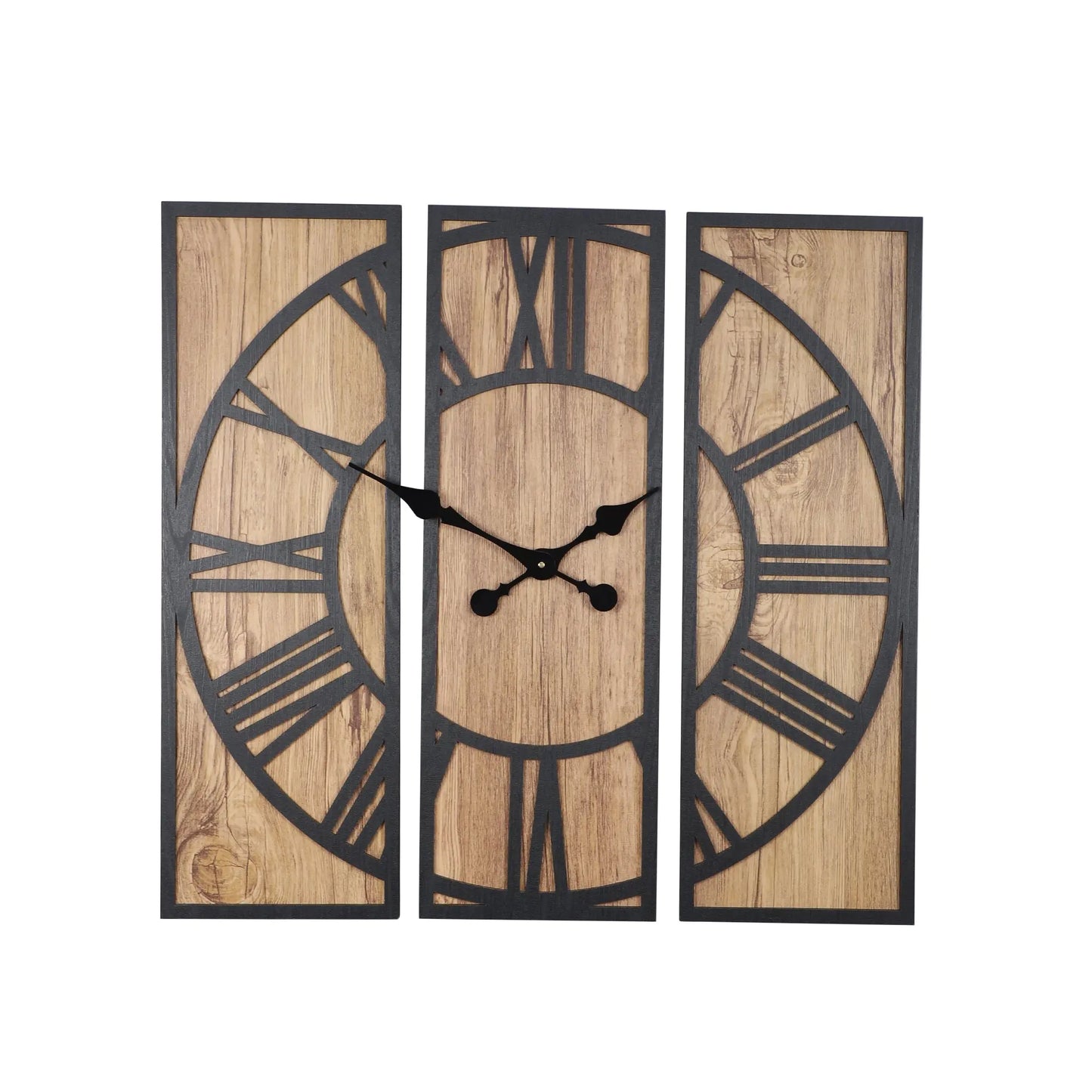 Rustic Wall Clock with Roman Numerals, Large Decorative Wall Art, Unique Home Decor for Living Room, Bedroom, Kitchen, Office / Modern Farmhouse Wall Decor: Three-Piece Wooden Wall Clock with Leather Accents Attractive Sister
