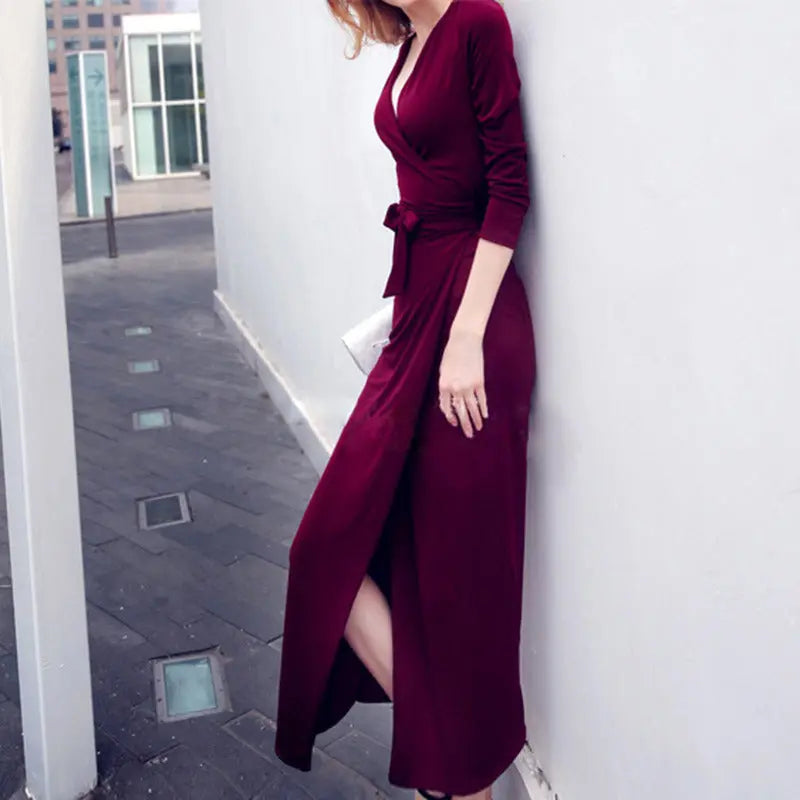 New V-neck Tie Waist Slim Slimming Dress CJ