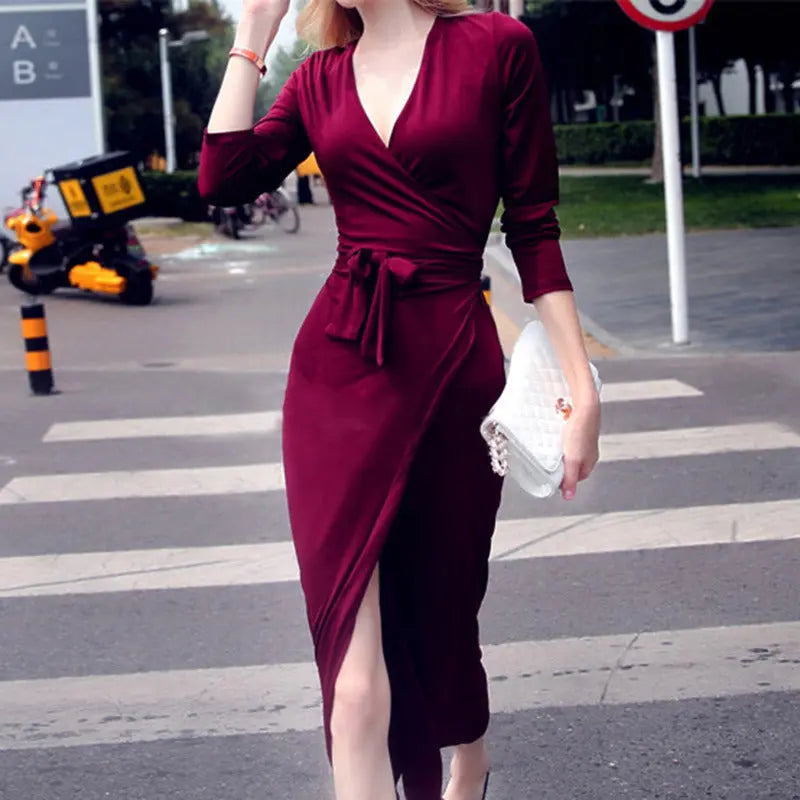 New V-neck Tie Waist Slim Slimming Dress CJ