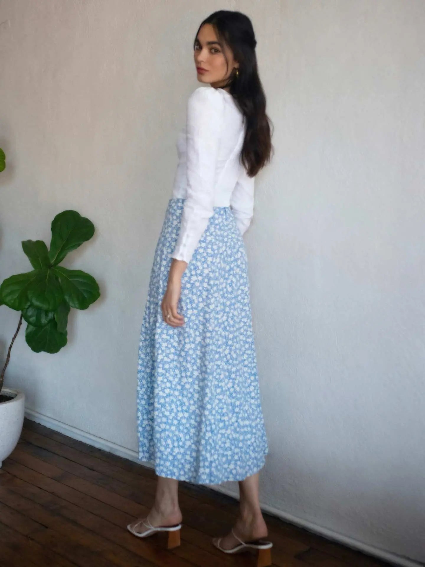 Flower Print High Waist Stretch Split Long A-Line Polka Dot Skirt Women eprolo