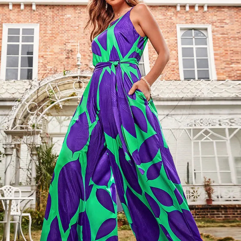 Green Printing Casual Lace Up Jumpsuit CJ