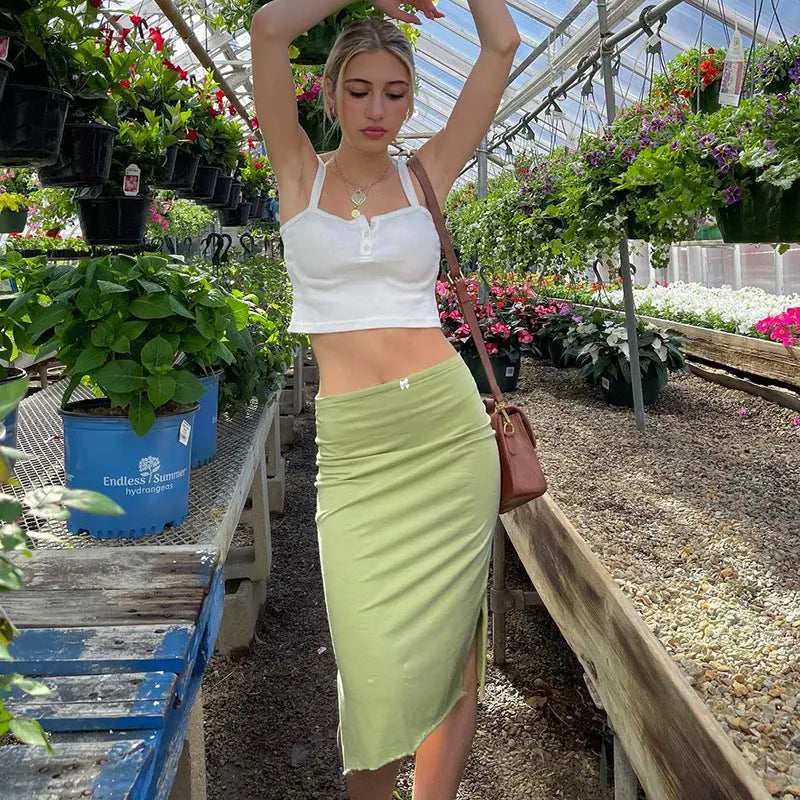 European American Summer New Women's Low Waist Solid Color Side Slit Wooden Ear Hip Bag Female Skirt CJ