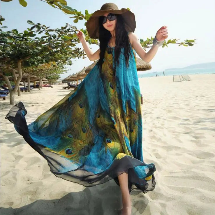 Women's Bohemian Feather Printed Chiffon Dress CJ