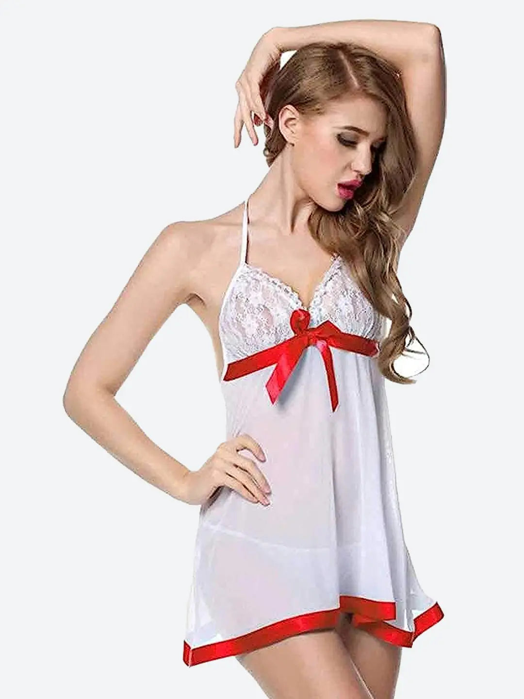 Women's Lace Sheer Babydoll Lingerie with Black ,Red ,Sky Blue Bow – Sexy Halter Neck Nightwear Attractive Sister