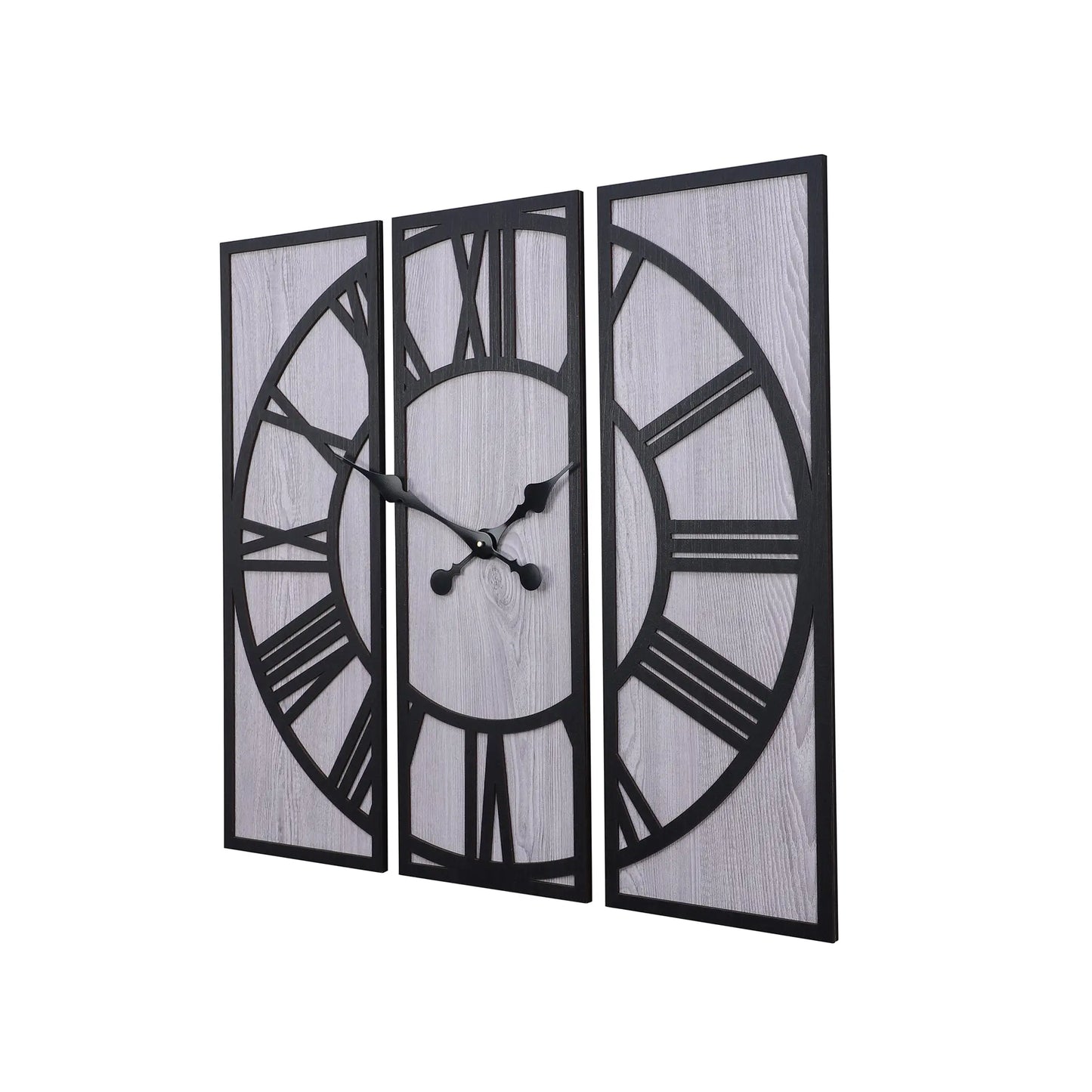 Rustic Wall Clock with Roman Numerals, Large Decorative Wall Art, Unique Home Decor for Living Room, Bedroom, Kitchen, Office / Modern Farmhouse Wall Decor: Three-Piece Wooden Wall Clock with Leather Accents Attractive Sister