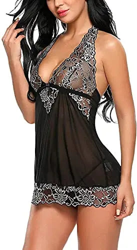 Women's Lingerie Set - Sexy Babydoll Nightwear in Black, Blue and Maroon Colors - Sheer Lace Sleepwear with Adjustable Straps" Attractive Sister