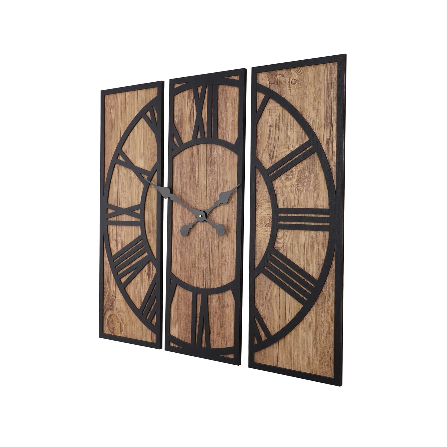 Rustic Wall Clock with Roman Numerals, Large Decorative Wall Art, Unique Home Decor for Living Room, Bedroom, Kitchen, Office / Modern Farmhouse Wall Decor: Three-Piece Wooden Wall Clock with Leather Accents Attractive Sister