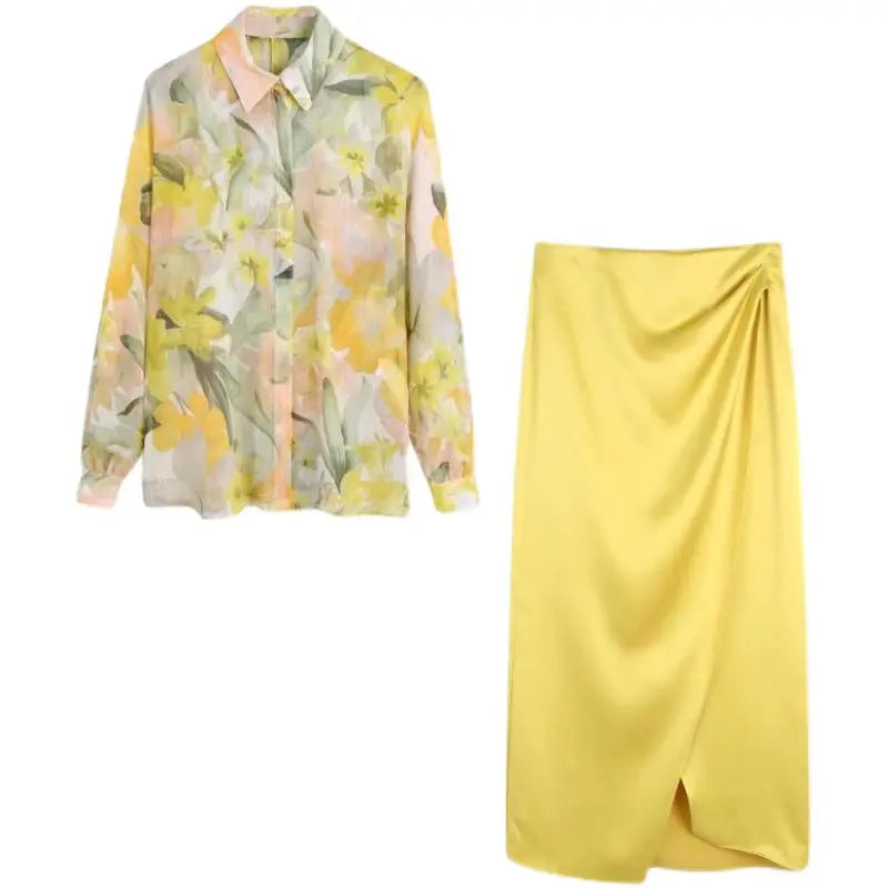 Women's Color Line Print Shirt Skirt Set CJ