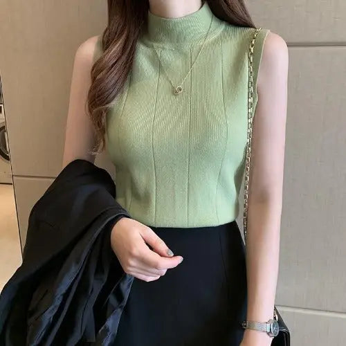 Half-high Neck Sleeveless Knit Sweater Slim Thin Bottoming Shirt With Vest And Short Top CJ