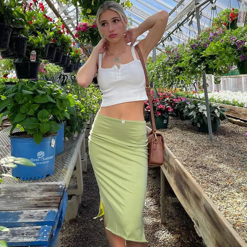 European American Summer New Women's Low Waist Solid Color Side Slit Wooden Ear Hip Bag Female Skirt CJ