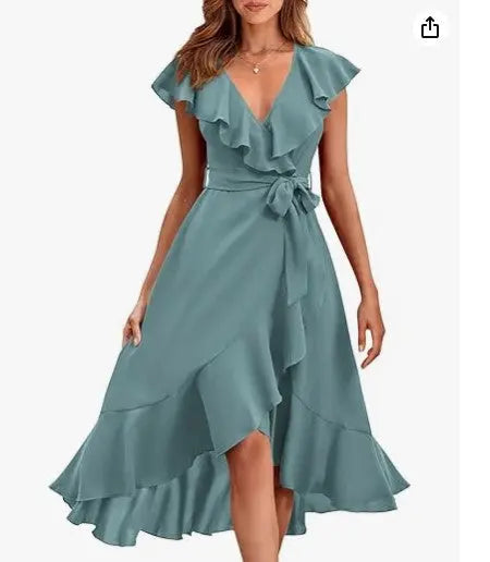 Women's V-neck Short Sleeve Ruffles Long Tie Dress CJ