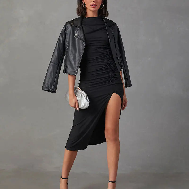 European And American Solid Color Slim-fit Sheath Dress Temperament Split CJ