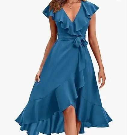 Women's V-neck Short Sleeve Ruffles Long Tie Dress CJ