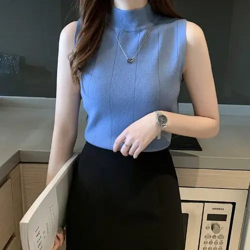 Half-high Neck Sleeveless Knit Sweater Slim Thin Bottoming Shirt With Vest And Short Top CJ