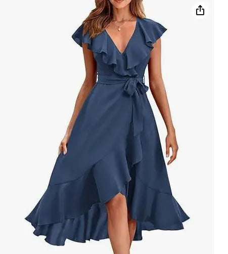 Women's V-neck Short Sleeve Ruffles Long Tie Dress CJ
