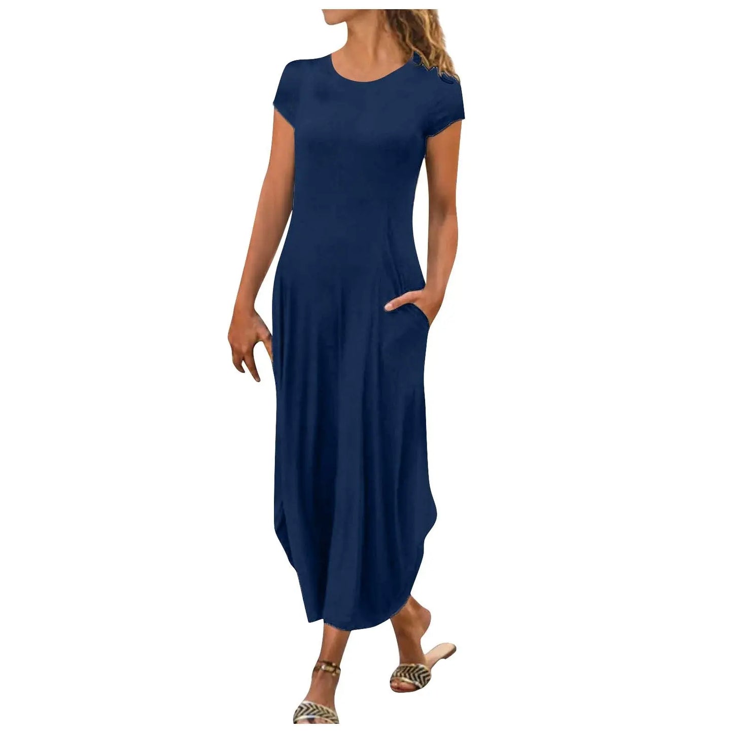 Pullover Short Sleeve Round Neck Mid Waist Solid Color Dress CJ