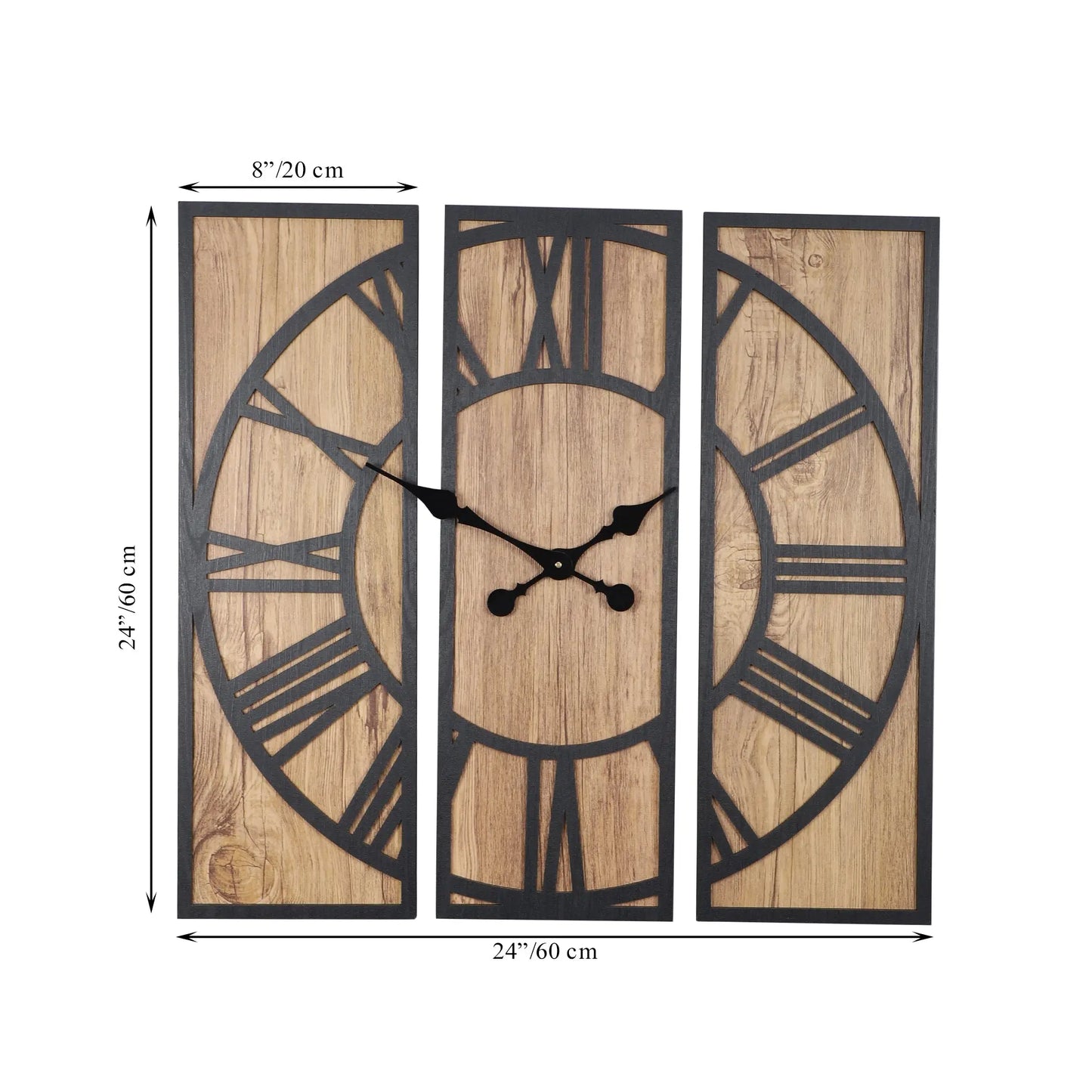 Rustic Wall Clock with Roman Numerals, Large Decorative Wall Art, Unique Home Decor for Living Room, Bedroom, Kitchen, Office / Modern Farmhouse Wall Decor: Three-Piece Wooden Wall Clock with Leather Accents Attractive Sister