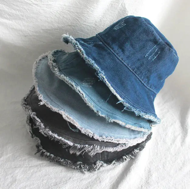 Summer Sunshade Raw Edge Denim Bucket Hat Women CJ