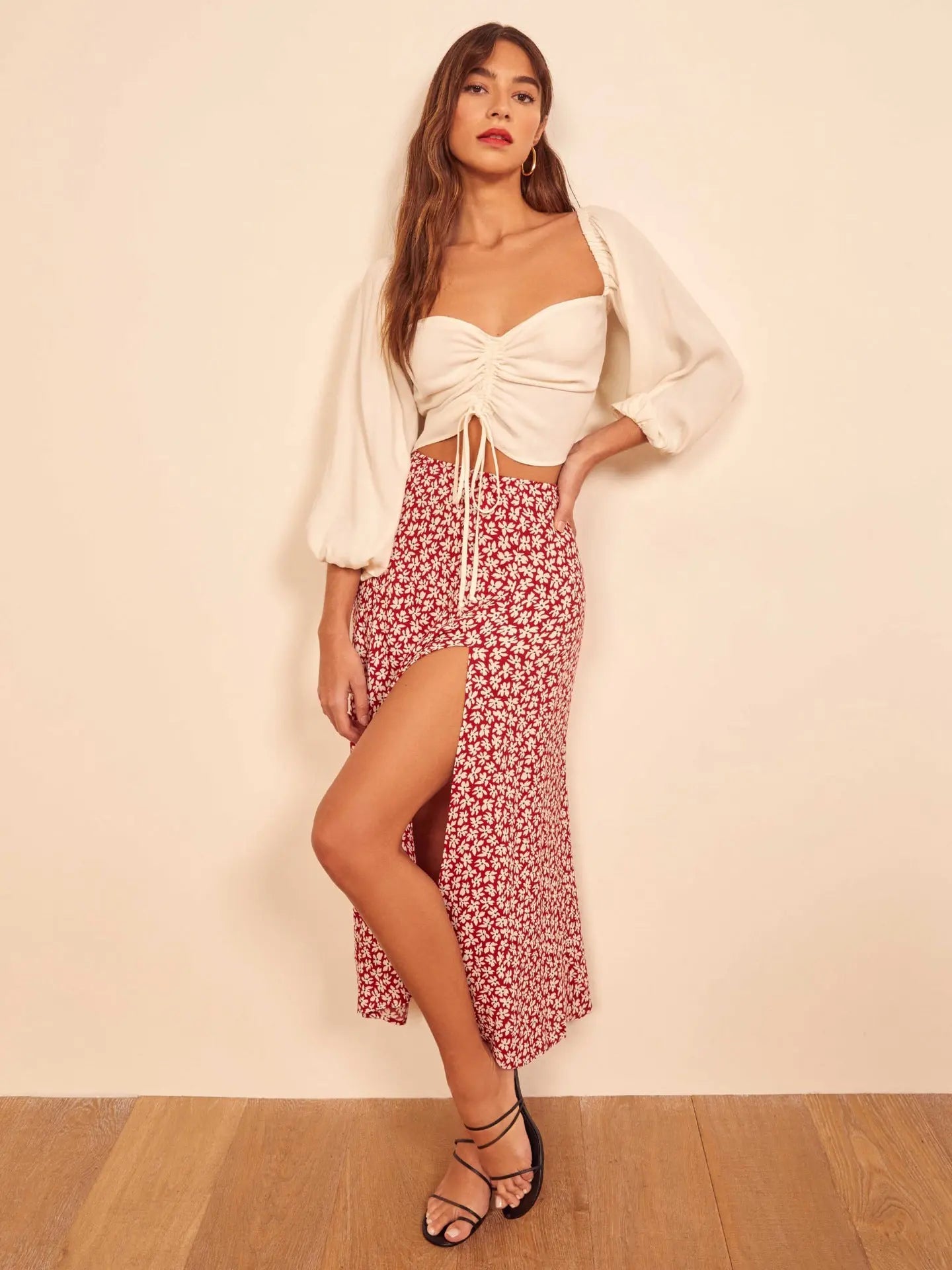 Flower Print High Waist Stretch Split Long A-Line Polka Dot Skirt Women eprolo