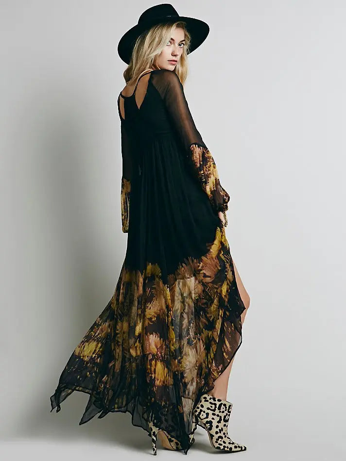 European And American Low V-neck Pleated Chiffon Dress Irregular Hem CJ
