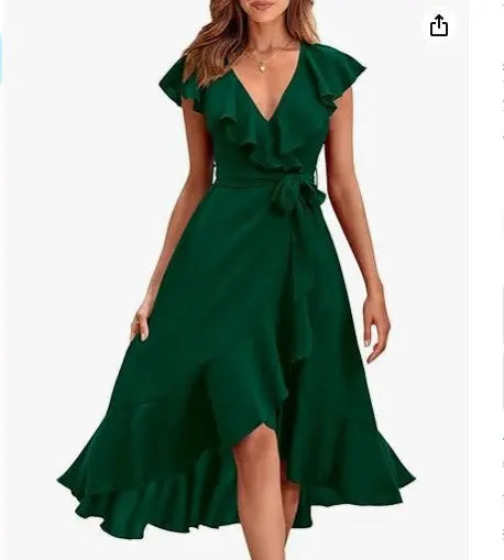 Women's V-neck Short Sleeve Ruffles Long Tie Dress CJ