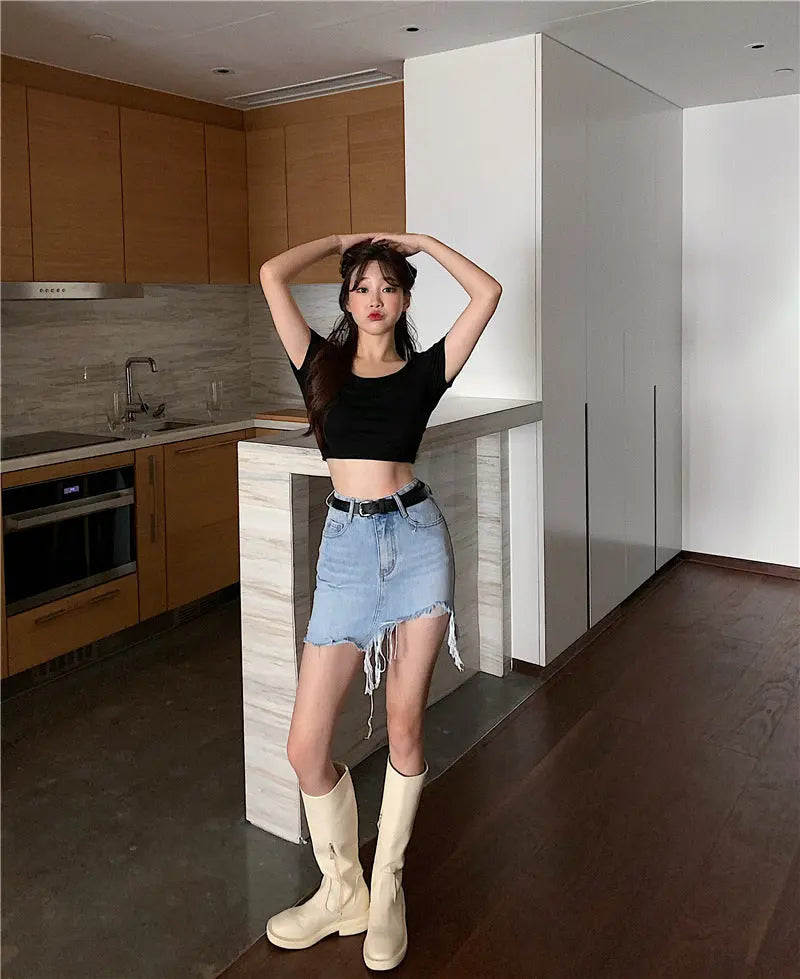 Denim Skirt Women Retro Irregular High Waist CJ