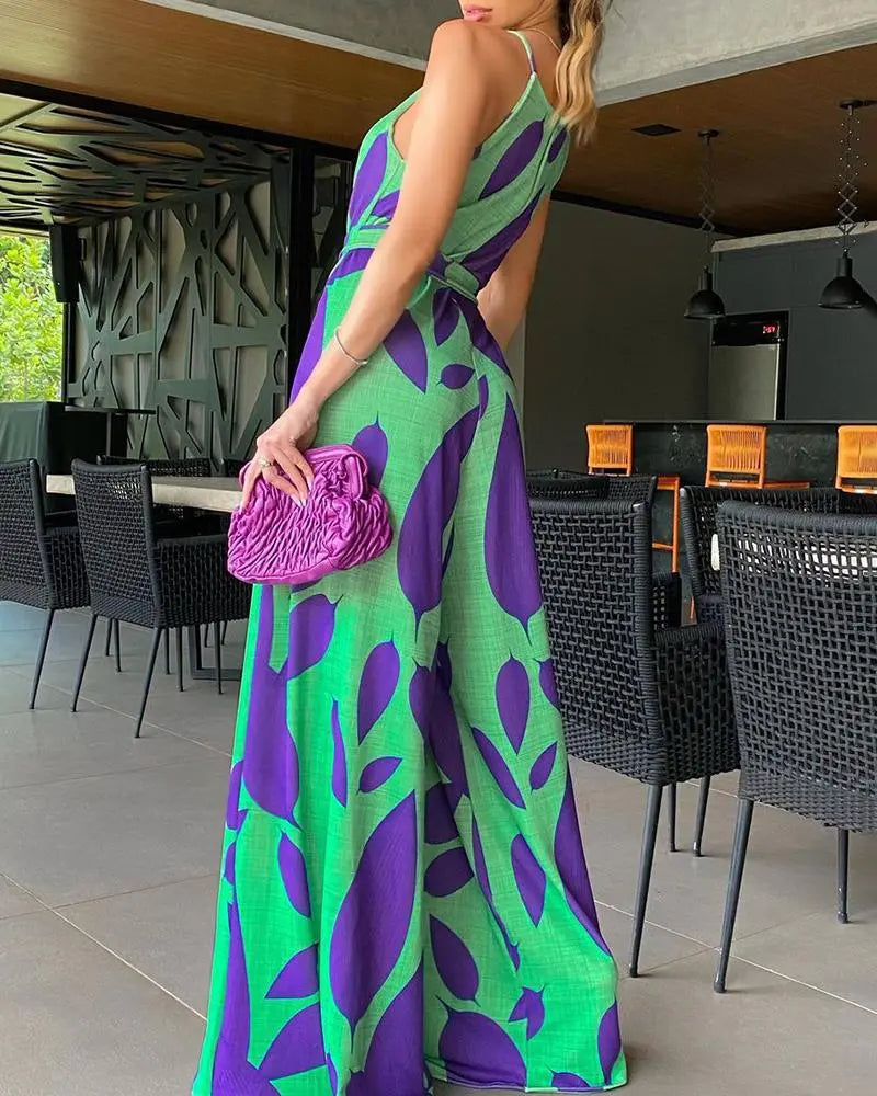 Green Printing Casual Lace Up Jumpsuit CJ