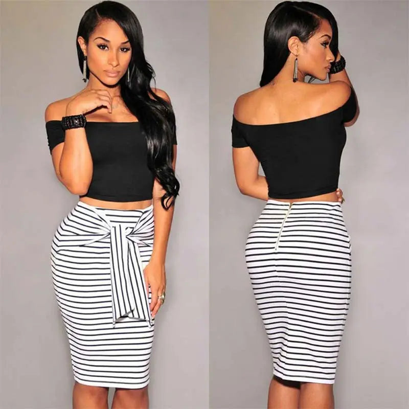 High waist striped lace tight hip skirt CJ