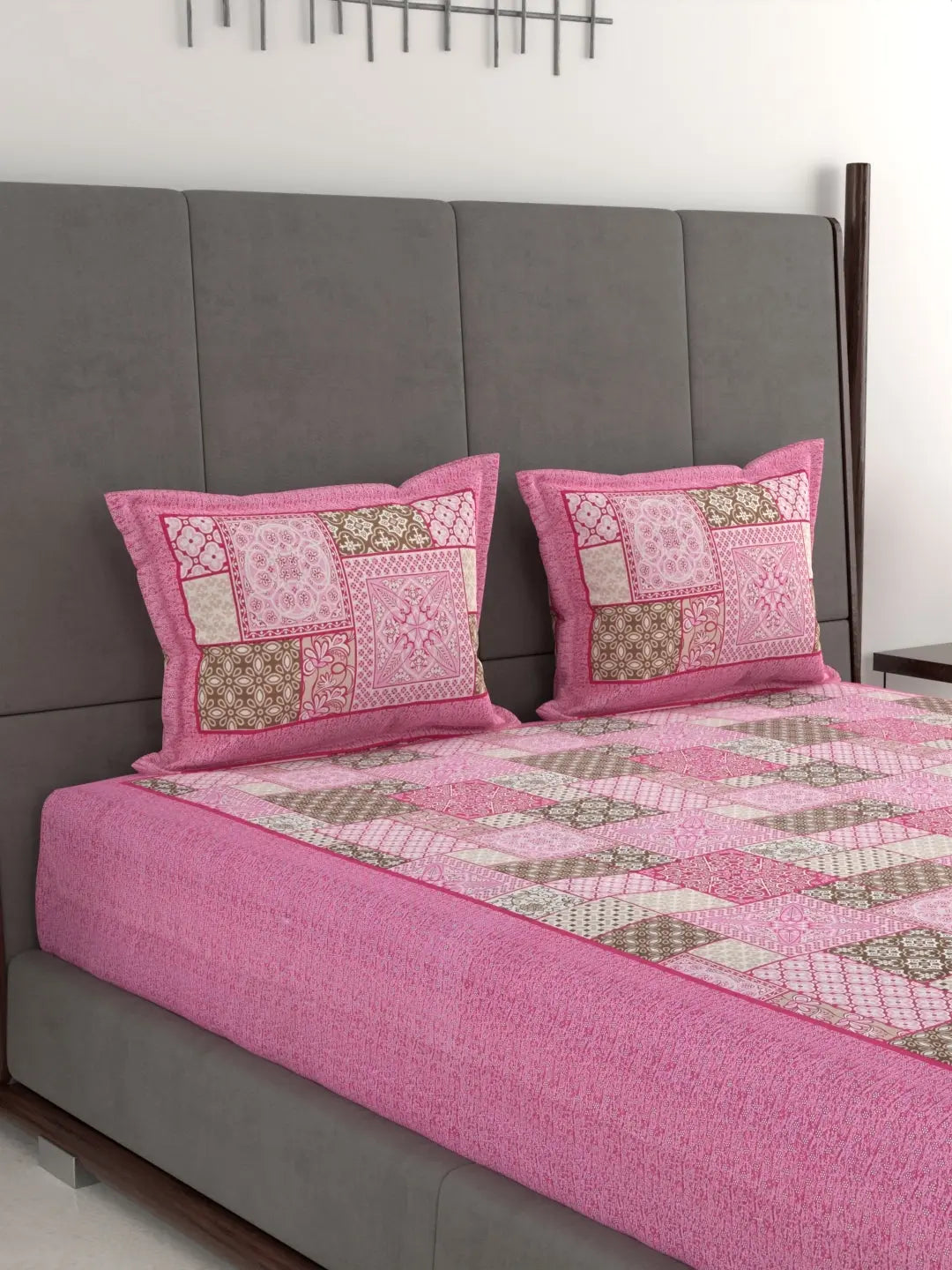 Hand Printed Patchwork Design Cotton Bed Sheet Set – Jumbo King Size 95x108 Inch, 240 Thread Count, Pure Cotton Fabric, Includes 2 Pillow Covers Attractive Sister